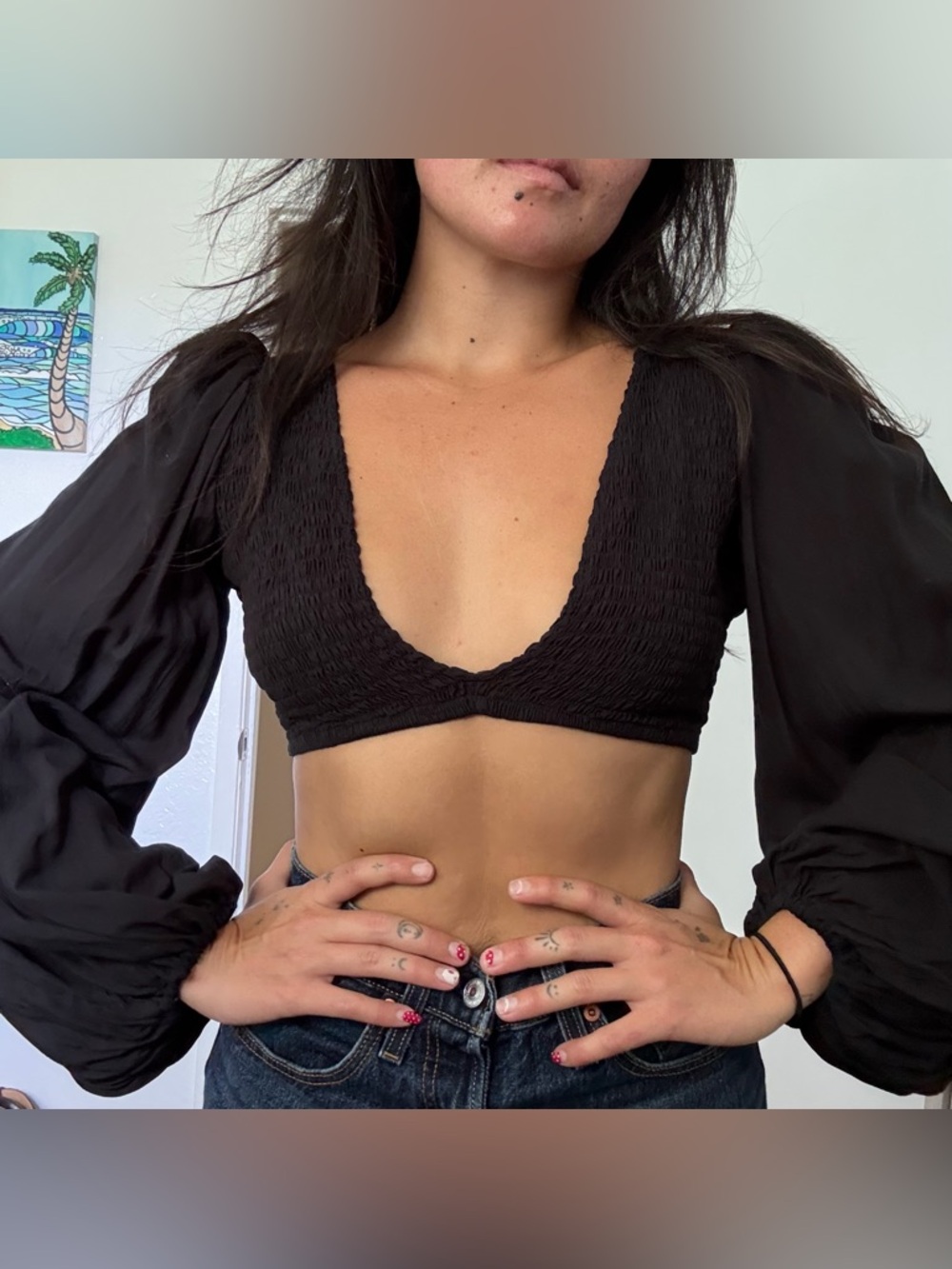 Indah Biru Black Smocked Deep V Cropped Top